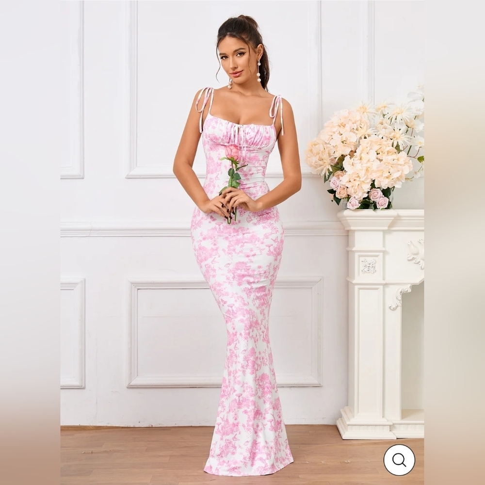Parthea Tie Shoulder Fishtail Hem Floral Print Prom Dress